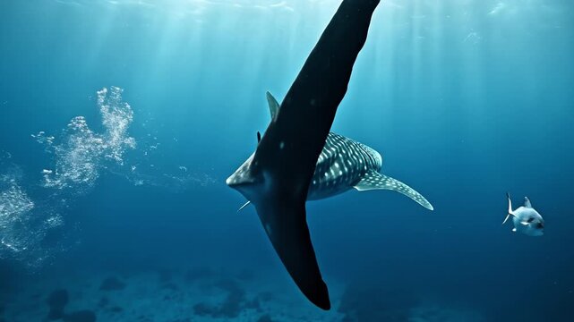 Whale shark underwater sunlight marine life gentle giant blue ocean sunbeam gliding beneath sunlit ocean surface solitary giant creating peaceful marine life mood with fish and reef sunlight