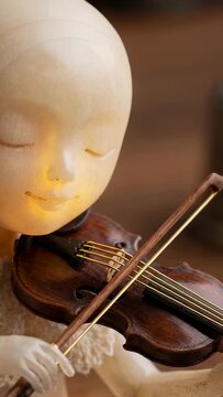 Vertical video: Framing carved figurine bowing violin on shelf, showing lace collar, evoking tune