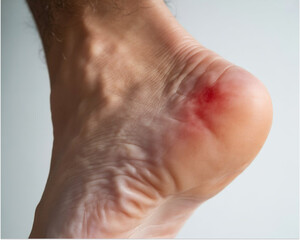 Fototapeta premium Close-up of a Red Inflamed Blister or Skin Lesion on a Human Heel—Podiatry and Dermatology Concept