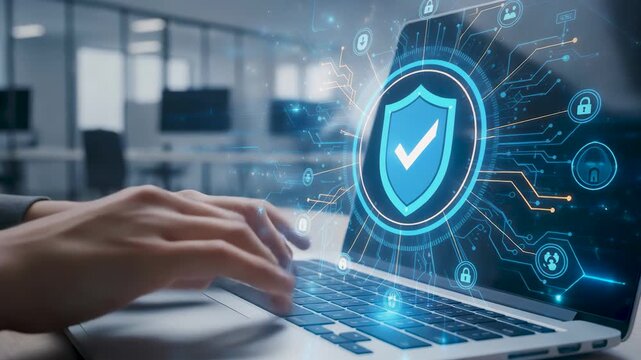 Business person hand typing on laptop with digital firewall shield protection interface, network data security safety technology concept and cyber privacy encryption in modern office.