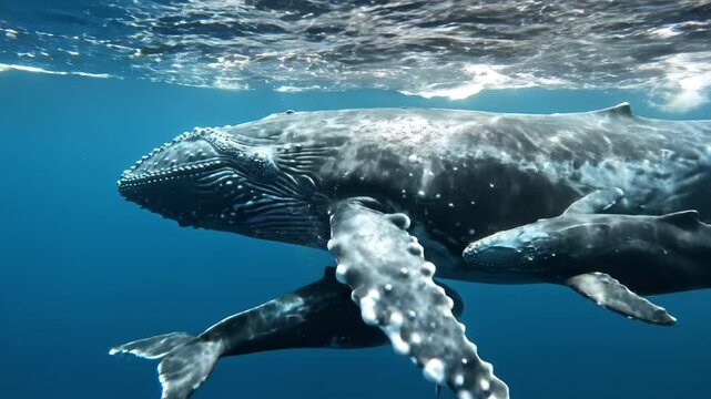 Humpback whale calf swimming close up blue ocean with sunlight reflections humpback whale adult pod swim ocean underwater marine mammal deep blue sunlight rays