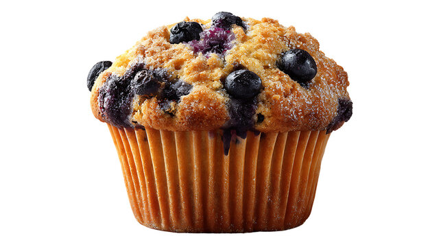 A blueberry muffin on a transparent background with a golden crust