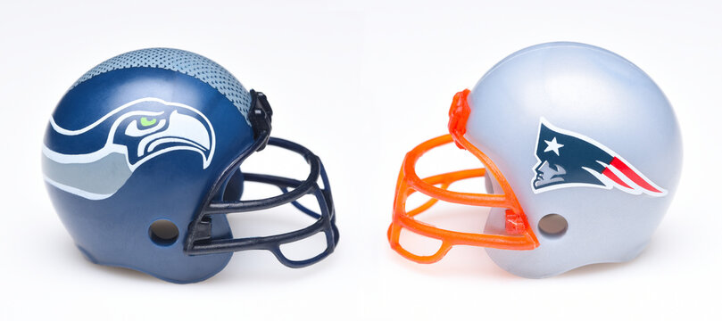 IRVINE, CALIFORNIA - 26 JAN 2026: Football helmets of the Seattle Seahwwks and the New England Patriots, opponents in Super Bowl LX .