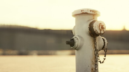 Fototapeta premium A rusty fire hydrant stands prominently against a city backdrop, illuminated by the warm glow of the sunset. The scene captures the essence of urban life and tranquility at dusk.