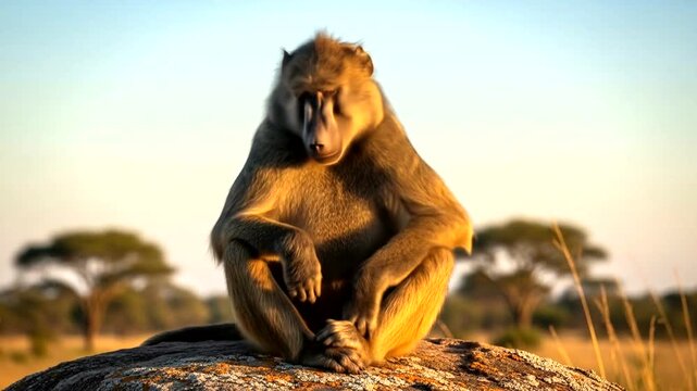 A baboon perched on a rock, gazing thoughtfully into the distance at sunset in the savanna