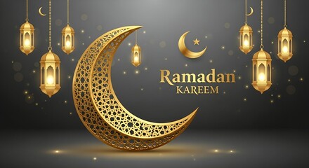 A golden crescent moon with lanterns and Ramadan Kareem text on a dark background