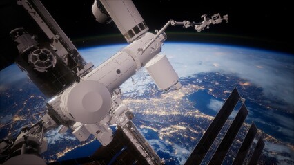 Lights of Earth twinkle below as astronauts work outside the International Space Station, showcasing human ingenuity and collaboration in low Earth orbit during a star filled night. © icetray