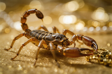 Fototapeta premium Closeup of a scorpion on golden surface