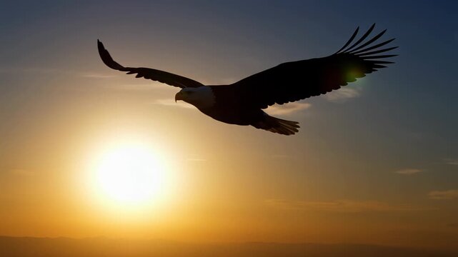 Eagle flies against sunset sky with bright sun in background