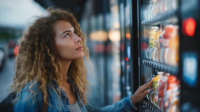 A traveling woman using a vending machine
