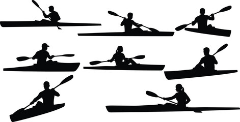 Kayak and canoe paddler silhouettes set, water sport athletes rowing boats, black vector outdoor adventure illustration, isolated kayaking action collection © Mostafizar