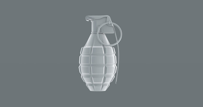 3D render of a white fragmentation &ldquo;pineapple&rdquo; hand grenade with ring, pin, and safety lever, centered and floating against a smooth grey studio backdrop with a soft shadow.