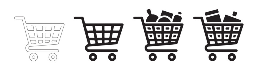 Set of shopping cart icons, depicting empty and grocery-filled trolleys in various styles for e-commerce