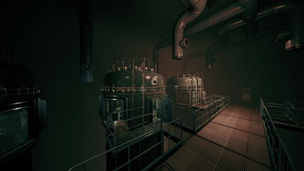 Dark and mysterious industrial setting features huge metallic tanks and pipes. Dim lighting creates an eerie atmosphere, while a walkway connects various machinery. This scene evokes curiosity. © icetray