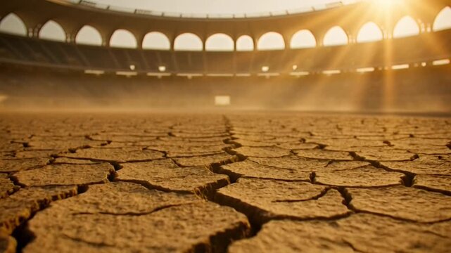 Arid parched earth ground in cinematic empty colosseum arena during sunset with dust flying in golden light motion footage