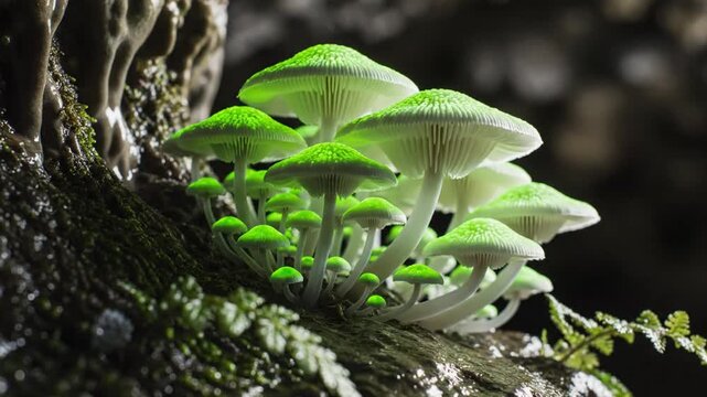 Delicate, bright-green mushrooms form a cluster on a mossy log, basking in dim forest light at dusk