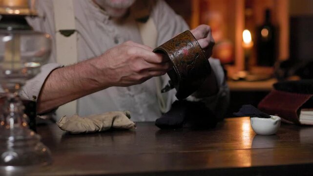 cowboy in his cabin cleaning spurs