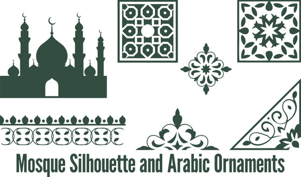 This collection features a mosque silhouette alongside various intricate Arabic ornamental elements in dark green