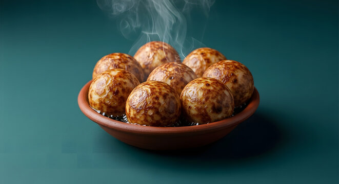 Golden Steaming Paniyaram Traditional South Indian Snack in Rustic Clay Bowl