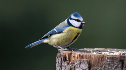 Obraz premium Vibrant blue tit perched on wooden stump eating seeds