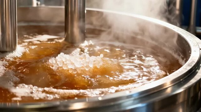 Medium shot of bright vacuum pan sight glass revealing fine sugar crystals forming in hot massecuite during intense boiling process in industrial syrup production.