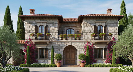Charming tuscan-style stone villa with vibrant bougainvillea and manicured gardens under a clear sky
