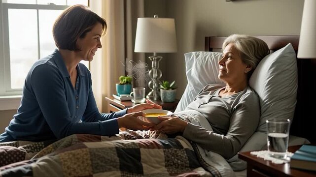 Caring Daughter Brings Soup to Sick Mother in Bed.