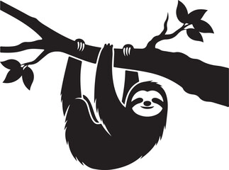 Obraz premium Black silhouette of a sloth hanging from a tree branch black and white d