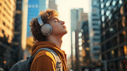 Teenage Boy with Headphones Listening to Music at City Sunset