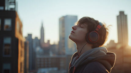 Teenage Boy Listening to Music on City Rooftop during Sunset