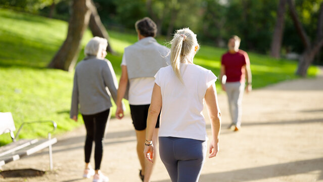 Active seniors walking together on a path in a green park, embracing friendship and a healthy outdoor lifestyle