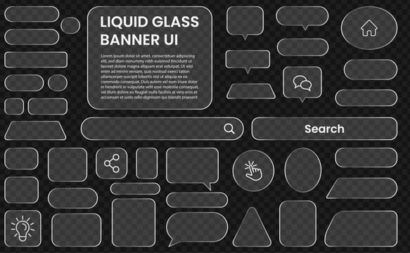Transparent liquid glass user interface elements kit. Various liquid glass banner UI elements. Set of glass resizing style buttons, forms and outline icons.