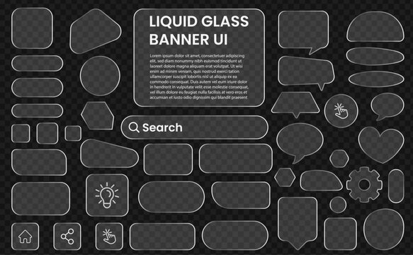 Transparent liquid glass user interface elements kit. Glassmorphism Chat UI Kit with Search Bars, Speech Bubbles, Buttons and Dashboard Components. Various liquid glass banner UI elements.