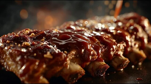 Delicious ribs with sauce being poured.