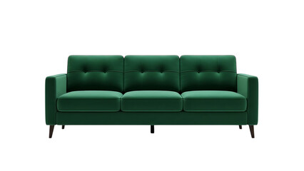 Fototapeta premium Modern emerald green sofa with sleek design and tufted cushions isolated on transparent background transparent background