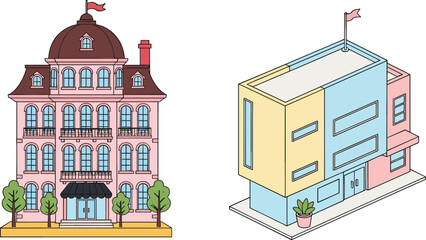 Modern and classic building architecture vector set featuring elegant townhouse and contemporary commercial property illustration