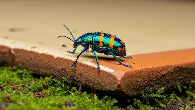 Close-up Macro Shot of a Jewel Beetle on Mossy Ground.