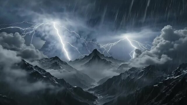 Lightning Storm Over Mountains with Dark Clouds