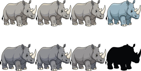 Rhinoceros cartoon vector set. Cute baby rhino in multiple colors, poses and silhouette style. Perfect for kids illustration, stickers, nursery art and educational designs. © HELEN QUEEN