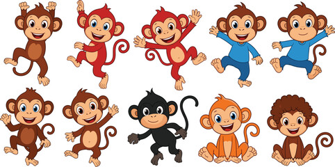 monkey cartoon vector set. Happy baby monkeys in playful poses and colorful outfits. Fun animal character collection, isolated on white background. © HELEN QUEEN