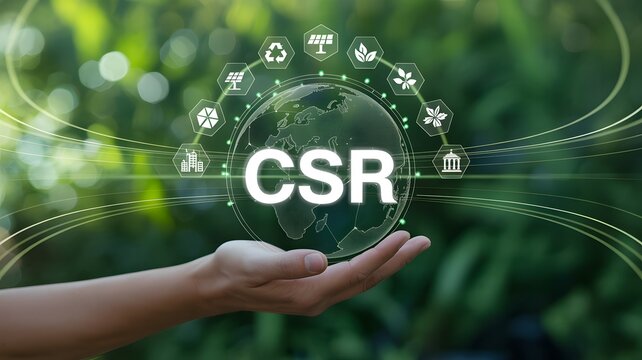 Hand holding glowing globe with csr and sustainability icons, symbolizing corporate social responsibility and environmental commitment
