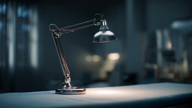 Medium shot of adjustable desk lamp illuminating exam table background softly blurred to emphasize focused task lighting in clinical setting.