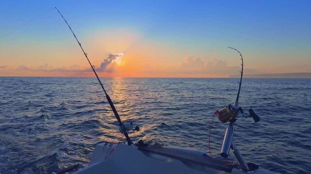 Offshore trolling fishing at sunset with rods on boat in open sea