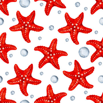 Hand painted watercolor seamless nautical pattern with red starfish and blue bubbles on a white background, evoking the ocean and sea life for wrapping paper or design.