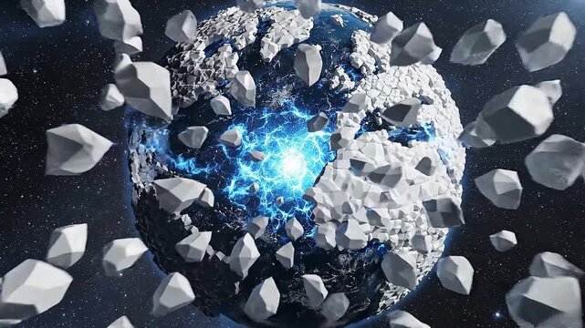 Destructive Earth animation: planet breaks apart with glowing blue energy from core