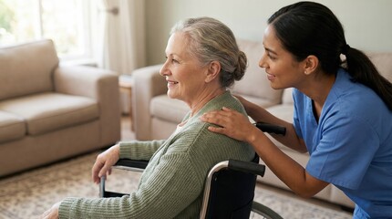 Obraz premium Elderly woman sitting wheelchair with nurse assisting at home setting
