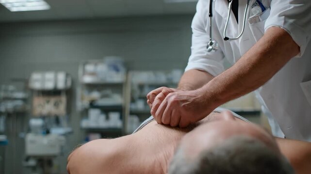 Medium shot of a doctor applying stitches on a patient lying on an exam bed with softfocus medical instruments and wall cabinets behind for context.