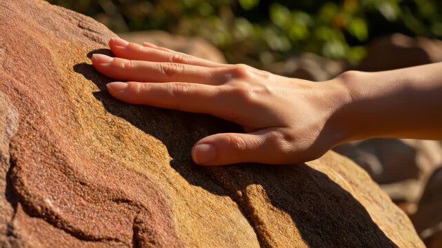Female hand gently touching rough sandstone texture, connecting with nature through organic patterns and raw natural surfaces. Earthy tones and tactile sensations.