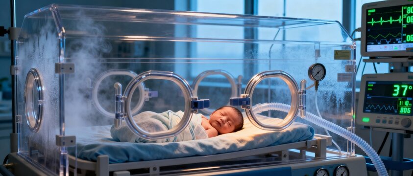 Newborn baby resting inside incubator in neonatal intensive care unit