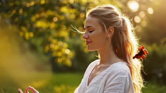 close up slow motion of serene woman meditating outdoors with closed eyes, symbol of mindfulness, emotional balance, feminine beauty and calm awareness